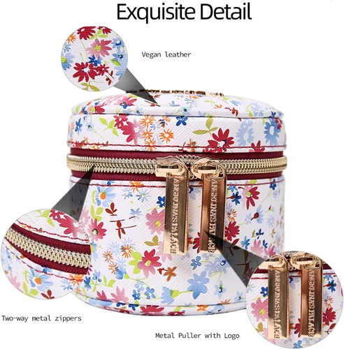 Miniatura 2 de Angelina's Palace Estuche organizador de joyas redondo, bolsa de viaje, regalos de dama de honor, caja de cuero vegano para collar, aretes, pulsera