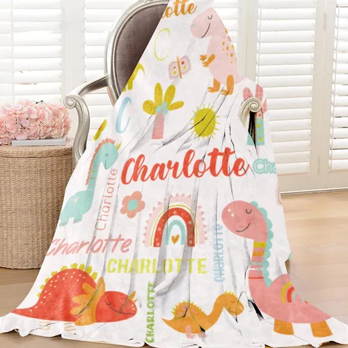 Miniatura 7 de Manta de dinosaurio personalizada con nombre para niña, manta de nombre personalizada para niños, manta de franela suave de dinosaurio rosa, regalo