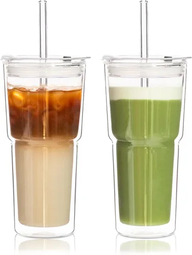 KEMORELA Set of 2 Double-Walled Glass Cups 600 ml with Lid & Straw - Large Thermal Glass Glasses for Latte, Iced Coffee, Smoothies & Cold Drinks
