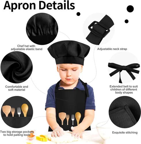 Miniatura 2 de Morcheiong Juego de gorro y delantal de chef para niños, delantal de pintura ajustable para niños y gorro de chef con 2 bolsillos para cocinar
