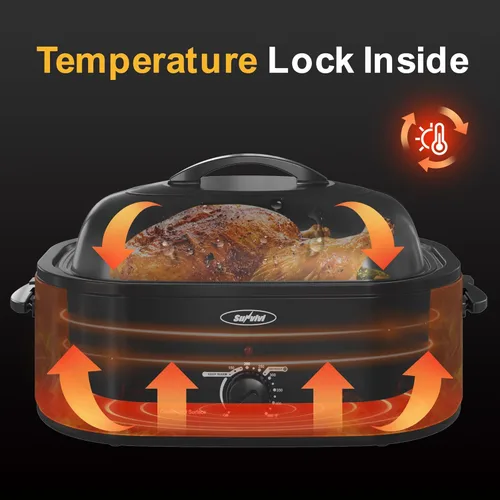 Miniatura 2 de Sunvivi Horno asador eléctrico de 18 cuartos de galón, 22 libras, con tapa autorociante, asador de pavos con función única de Negro