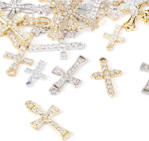 Miniatura 8 de 20 dijes de cruz con diamantes de imitación de cristal y crucifijo colgantes, colgantes de rosario de plata dorada para Pascua, joyería, pulsera