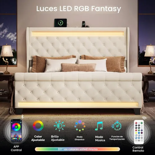 Miniatura 3 de Belffin Armazón de Cama Tamaño King con Cabecero, Cabecero Tapizado de Terciopelo de 50 pulgadas de Alto, Cama Plataforma con Luces LED y 2 Puertos