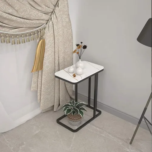 Miniatura 2 de Mesa auxiliar auxiliar en forma de C, mesa auxiliar para sofá nórdico, mesa de centro de piedra sinterizada y base de metal, elegante para Blanco