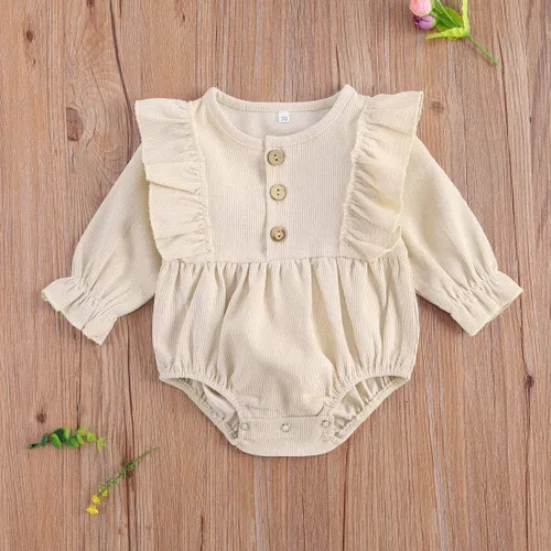 Miniatura 2 de Ropa de bebé niña sólida con volantes de manga larga mameluco de una pieza para otoño e invierno