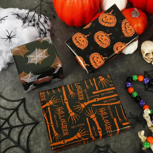 Miniatura 5 de AnyDesign 12 hojas de papel de regalo de Halloween, no se enrolla, diseño de calabaza, murciélago, telaraña, sombrero de bruja, papel de arte, papel