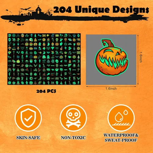Miniatura 4 de OLIKER - 204 tatuajes de Halloween para niños, envueltos individualmente que brillan en la oscuridad, tatuajes luminosos para Halloween, tatuajes