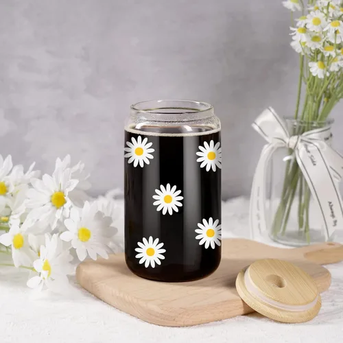 Miniatura 7 de GSPY Daisy Regalos Estéticos, Taza de Café Helado, Lindas Tazas de Vidrio con Tapas y Popotes - Lindas Tazas, Taza de Flores, Vaso de Vidrio
