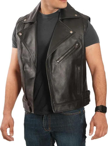 Miniatura 2 de Decrum Chaleco de cuero para hombre, estilo de motocicleta, sin mangas, de cuero real, con bolsillos ocultos