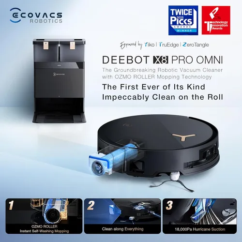 Miniatura 9 de ECOVACS DEEBOT X8 PRO OMNI Robot Aspiradora y Trapeadora, 18000Pa, OZMO ROLLER Trapeado Autolavable Instantáneo, Lavado de Trapeador con Agua