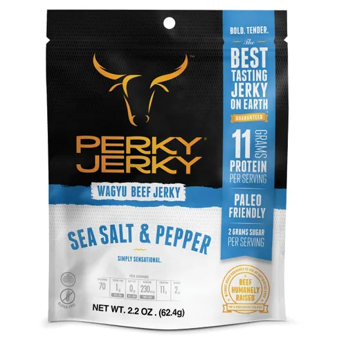 Perky Jerky Wagyu - Carne de res, sal marina y pimienta, 2.2 onzas (paquete de 8) – 200 mg de sodio – 0.47 oz de proteína por porción – Bajo en