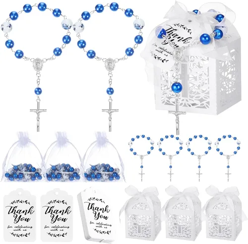 Yinkin El juego de 100 recuerdos de bautismo incluye mini rosario, cajas de recuerdo de bautismo, bolsas de organza blanca y etiquetas de