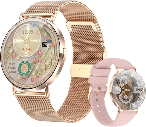 Miniatura 11 de Relojes inteligentes ultrafinos para mujer (llamada/2 bandas/todo metal), 1.614 in, pantalla ultra clara AMOLED de 1.32 pulgadas, rastreador