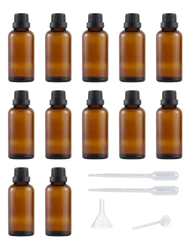 Miniatura 9 de Juego de 12 botellas de vidrio con tapa de rosca marrón, mini vial de aceite vacío (0.1 fl oz)