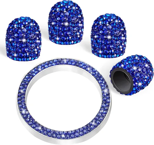 Miniatura 10 de WINKA 4 tapones para válvula de neumático de automóvil con diamantes de imitación, 1 cubierta de botón de motor de automóvil, anillo de encendido