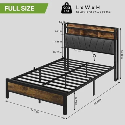Miniatura 2 de Welzona Base de cama de tamaño matrimonial con estación de carga, cama LED con cabecera de almacenamiento tapizada, sólida y estable, sin ruido,