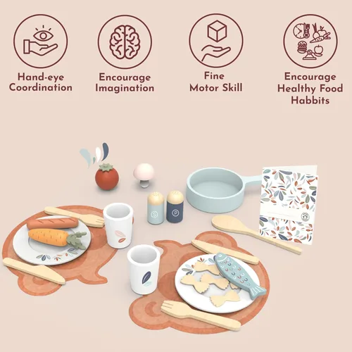 Miniatura 6 de SPEEDY MONKEY Juego de Comedor de Madera para Niños – Juego de Cocina y Accesorios de Cocina de 19 Piezas para Juegos de Simulación – Juguete