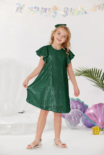 Miniatura 9 de GRACE KARIN Vestido de lentejuelas para niñas, manga corta, con vuelo, silueta acampanada, vestido midi con lazo para el pelo, 5-12 años