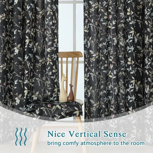 Miniatura 5 de Chyhomenyc Cortinas de mezcla de lino de 63 pulgadas de largo, 2 paneles de cortina con estampado floral filtrante de luz para sala de estar
