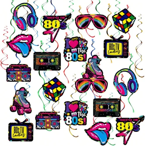 20 espirales colgantes para fiestas de cumpleaños de los años 80 y 90, decoraciones coloridas para fiestas (años 80)