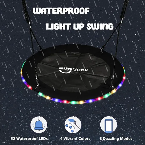 Miniatura 5 de Columpio de árbol de 40 pulgadas con luz LED para niños, columpio de platillo volador de 900 libras, con correas ajustables para colgar