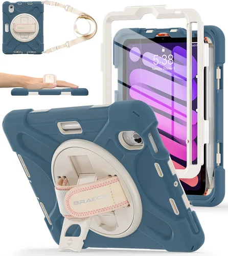 Miniatura 9 de BRAECNstock para Apple iPad mini 5/4 Funda 2019/2015 19,9 cm, Funda Protectora a Prueba de Golpes con Soporte para Lápices, Correa Giratoria