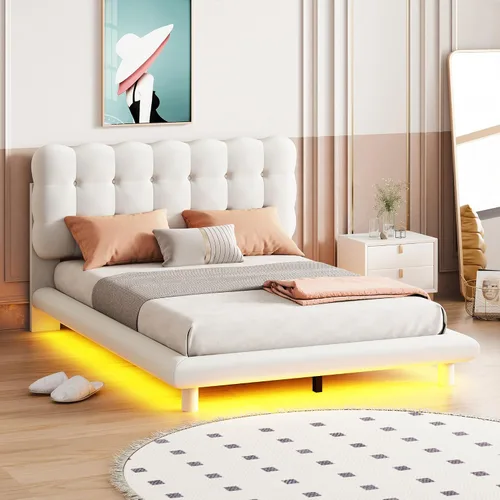 Miniatura 41 de Cama de plataforma flotante, marco de cama de madera tamaño individual con rayas claras, tela de lino suave y cabecera de diseño capitoné