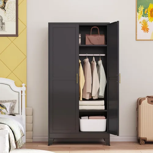 Miniatura 15 de PAOFIN Armario de metal negro de 71 pulgadas, armario de almacenamiento de ropa para dormitorio con 2 cajones y barra para colgar, armario