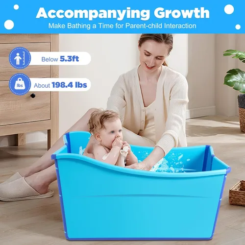 Miniatura 8 de Bañera plegable grande para el hogar, bañera portátil azul para adultos en el baño, bañera independiente con manguera de drenaje de 3.6 pies y tapón