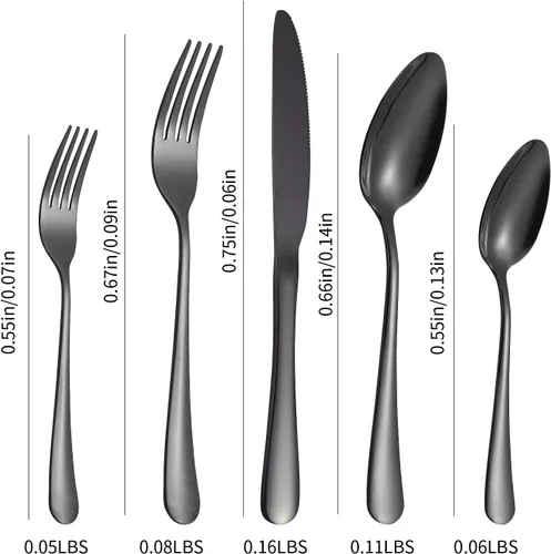 Miniatura 6 de Juego de cubiertos negros para 12 cubiertos de acero inoxidable, 60 piezas, cuchara, tenedor, cuchillo, utensilios de cocina, mango redondo ancho