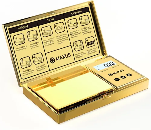 Miniatura 7 de MAXUS Báscula digital de gramos con capacidad de 7.05 oz x 0.00 oz, elegante cubierta chapada en oro y plataforma para un pesaje preciso y preciso