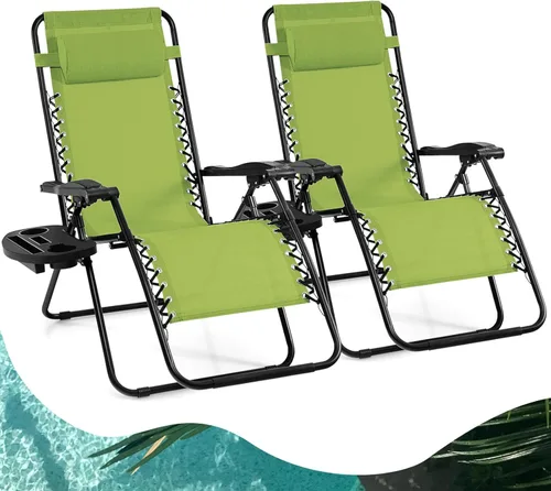 Miniatura 11 de Goplus Sillas de salón Zero Gravity, reclinables plegables ajustables en 160° con almohada y soporte para tazas, cómodas sillas de descanso de 350
