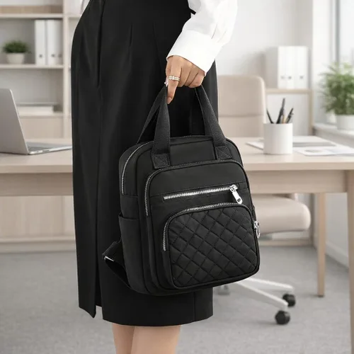 Miniatura 8 de Mochila pequeña para mujer, casual, acolchada, cuadrada, impermeable, con múltiples bolsillos, ligera, asa superior, Negro, Pequeño, Mochilas
