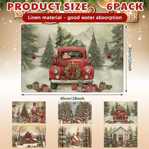 Miniatura 2 de Hushee - Juego de 6 manteles individuales de Navidad, 30 x 45 cm, manteles individuales lavables para mesa de comedor, manteles navideños
