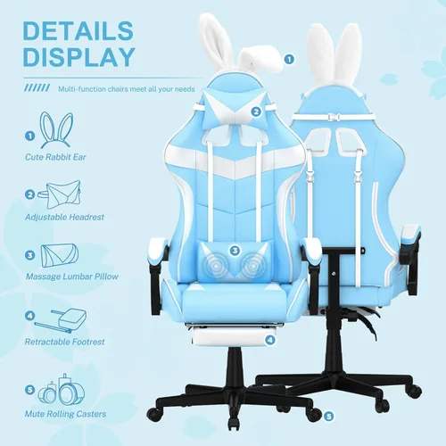 Miniatura 4 de Soontrans Silla de juegos azul claro con reposapiés, bonita silla de videojuegos de conejo, silla de escritorio Kawaii para nieta, hermana, novia