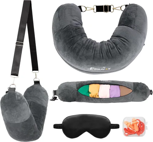 Miniatura 10 de Almohada de viaje para el cuello rellenable con ropa, almohada para el cuello rellenable para viajar, bolsa de almacenamiento rellenable y plegable