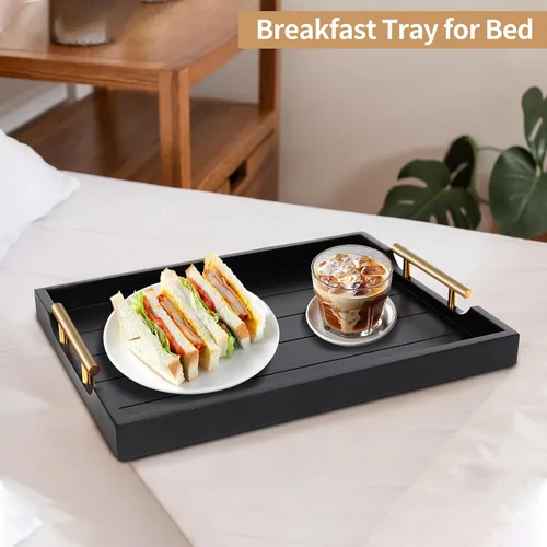 Miniatura 5 de SXNOWS Bandejas de mesa auxiliar, bandeja otomana grande para sala de estar, bandeja de madera para servir con 2 juegos de asas, bandeja de madera