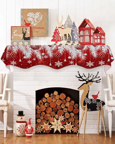 Miniatura 3 de Bufanda roja de Navidad para chimenea, decoraciones para repisa de chimenea, bolas de Navidad, copo de nieve, hojas de pino plateadas, cubierta