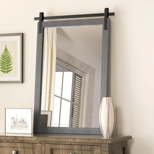Miniatura 4 de Clavie Espejo de pared rústico con marco de madera horizontal, espejo de baño con marco de madera, espejo decorativo estilo puerta de granero, 22 x