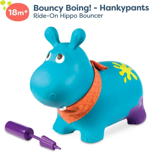 Miniatura 3 de B. toys – Hipopótamo hinchable Bouncy Boing para montar con bomba de aire incluida – Hankypants – Divertido juguete saltarín para niños de 18 meses