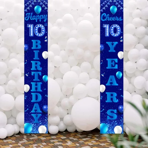 Miniatura 4 de Cartel de feliz cumpleaños número 10 color azul y negro, decoración temática de globos de confeti para niñas de 10 años, suministros de cumpleaños