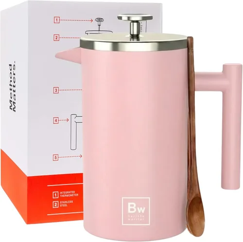 Miniatura 10 de Barista Warrior Prensa francesa con termómetro, prensa de café aislada, cafetera de acero inoxidable (1.0L, 34 onzas líquidas, gris)