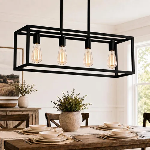 Miniatura 12 de Iluminación negra para isla de cocina, moderna lámpara rectangular de jaula lineal, 3 luces, lámpara colgante de metal industrial para granja