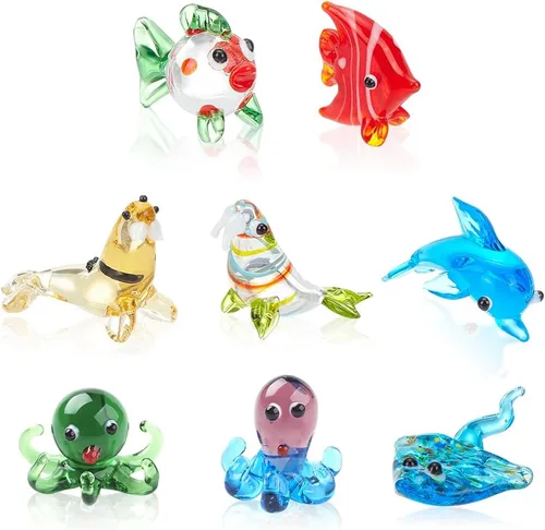 NBEADS 8 figuras de cristal de vida marina, mini figuras marinas de vidrio en miniatura, manta raya/mariposa/morsa/delfín/pulpo/pez, hecho a mano,