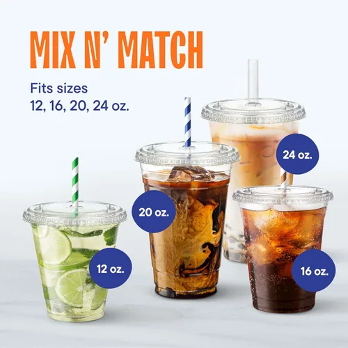 Miniatura 5 de Tapas planas de plástico PET transparente con ranura para popote (paquete de 1000) para 12, 16, 20, 24 onzas. Se adapta a vasos de plástico ultra