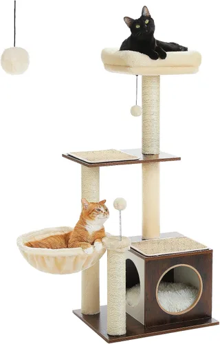 Miniatura 14 de PEQULTI - Torre para gatos moderna, árbol de gato de varios niveles para gatos de interior, casa de juego para gatos con gran condo, hamaca