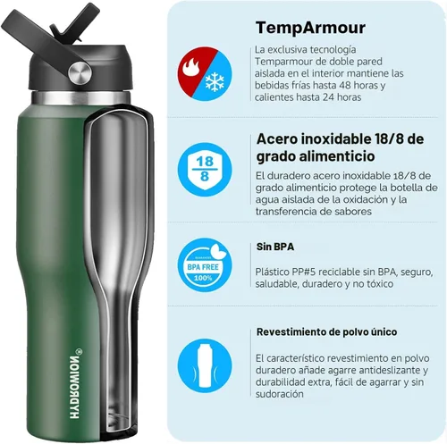 Miniatura 2 de Botella de agua aislada de 40 onzas con popote para colocar en el portavasos del automóvil (frío 48 horas, caliente 24 horas), botella con tapa