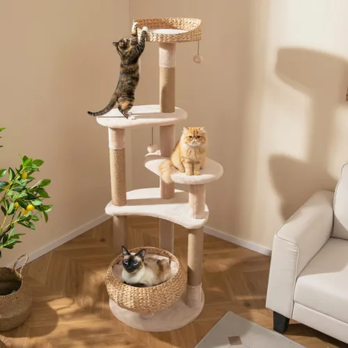 Tangkula Árbol moderno para gatos, torre para gatos de 65 pulgadas de alto con postes rascadores de yute, bolas colgantes, cesta de espadaña y