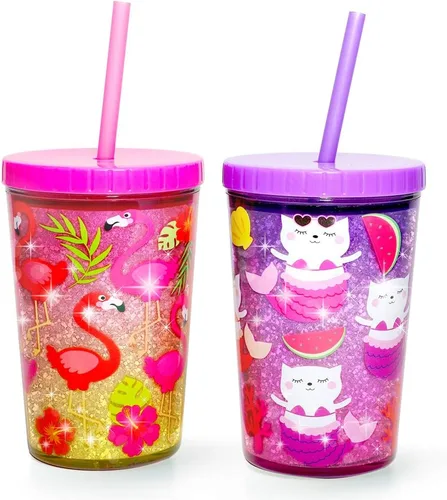 Vaso de agua para niños de 14 onzas, paquete de 2 unidades, sin BPA, tapa con pajilla, reutilizable, ligero, a prueba de derrames, con bonito diseño