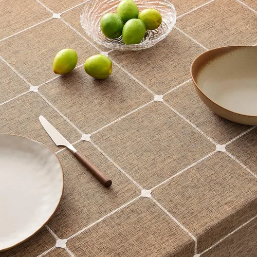 Miniatura 14 de ZeeMart - Mantel de mesa con diseño de cuadrícula boho y borlas (blanco roto, 132 cm x 132 cm), mantel de gran peso de lino a cuadros bordado